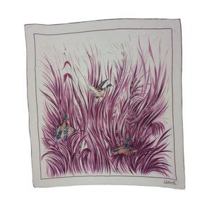 OSTINELLI Ivory & Purple With Ducks Print Silk Scarf ITALY 35"/ 32” EX COND